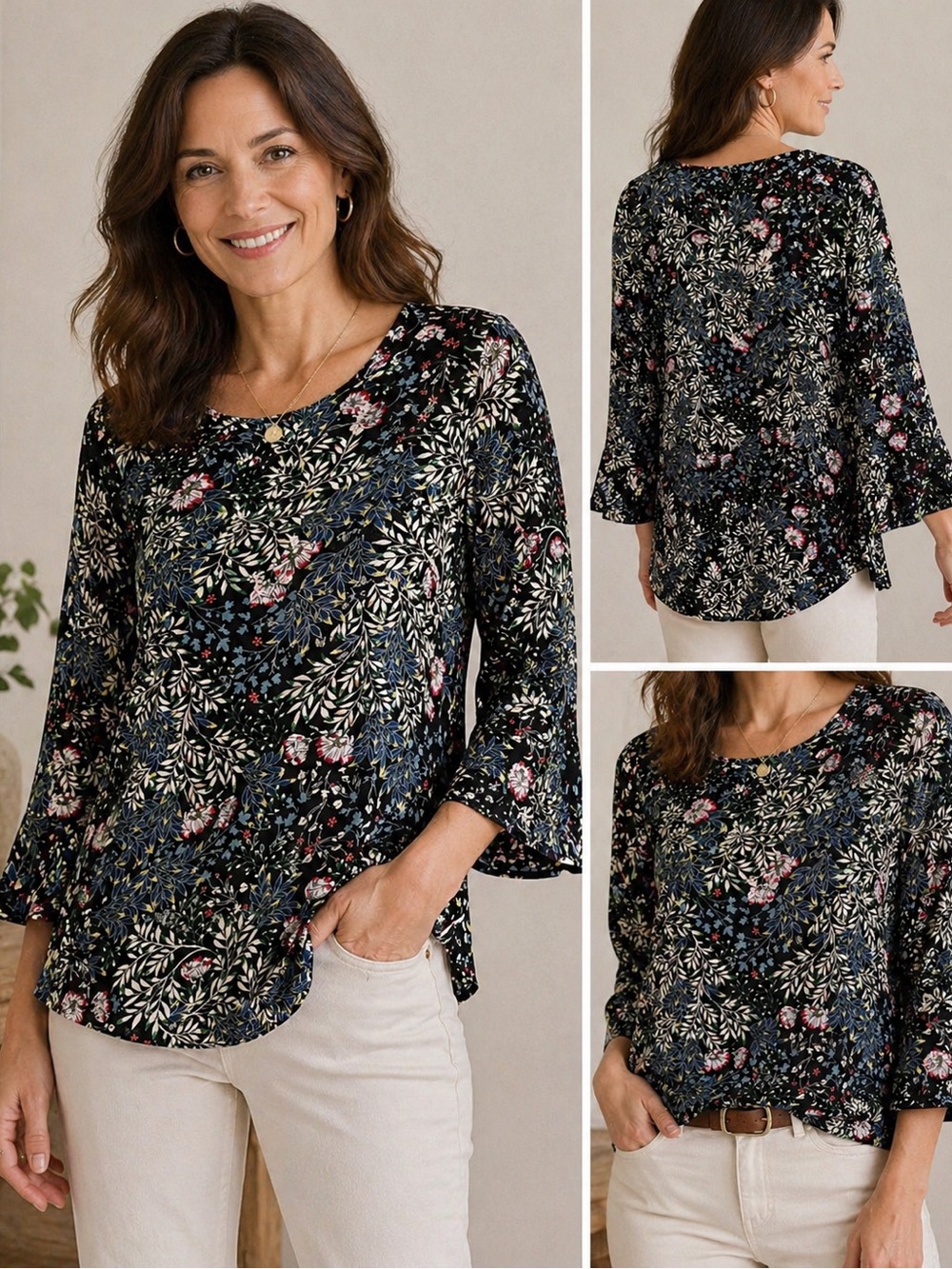 J Jill Floral Blouse Small 3/4 Bell Sleeve Boho Cottagecore Lightweight Top